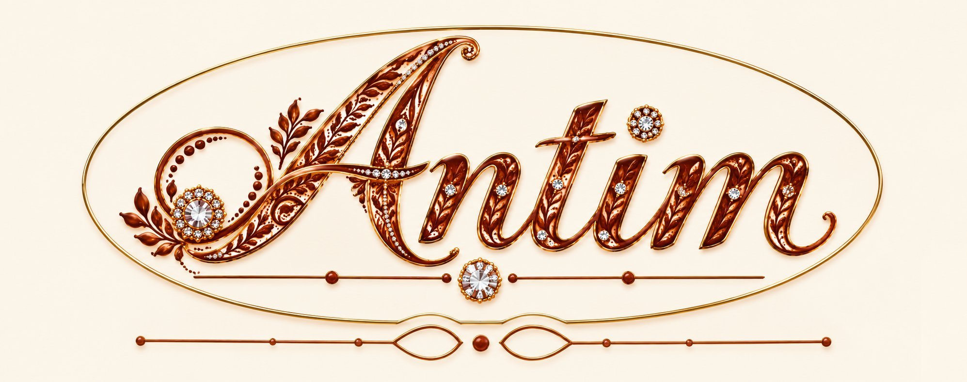 Antim — her name written in henna-brown jeweled calligraphy inside a gold oval; her henna signature